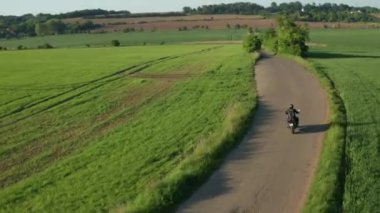 Motorcyclist rides between planted fields on empty road passing bushes. Rider hides behind dense trees at back sunset aerial view