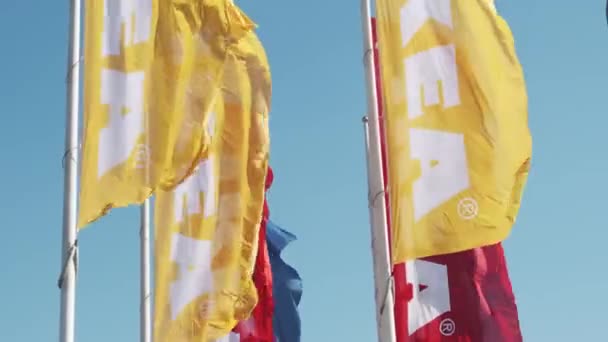 Yellow Red Ikea Flags Waving Wind Sky July 2022 Prague — Vídeos de Stock
