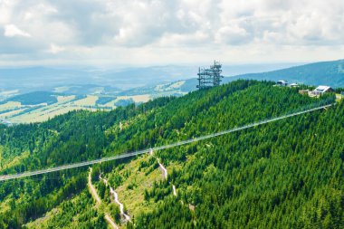Aerial view of the worlds longest 721 meter suspension footbridge Sky bridge and observation tower the Sky walk in the forest, between mountains, Dolni Morava Ski Resort, Czech Republic. 