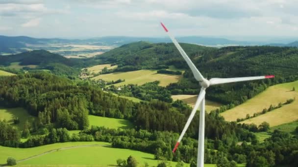 Aerial View Wind Turbines Propeller Yellow Field Amazing View Mountains — Wideo stockowe