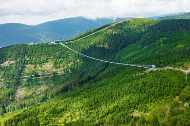 Sky Bridge 721 is the longest suspension bridge between two hills in the forest, Dolni Morava, Czech Republic . One way footbridge in touristic place in the forest in summer. 