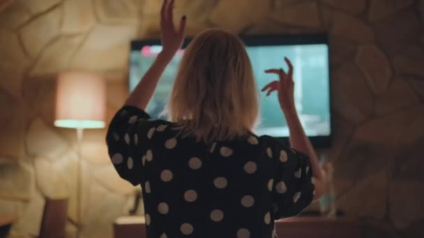 Woman Dances Music Big Raising Hands Blonde Lady Tourist Enjoys — Stockvideo