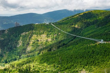Sky Bridge 721 is the longest suspension bridge between two hills in the forest, Dolni Morava, Czech Republic . One way footbridge in touristic place in the forest in summer. 