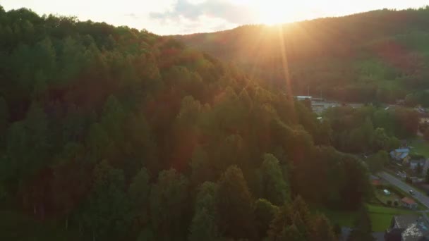 Bright Sunlight Illuminates Lush Treetops Dense Forest Small Village Highland — Stock video