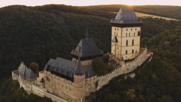 Aerial View Ancient Karlstejn Cast Sunset Czech Republic Camera Turns — Video