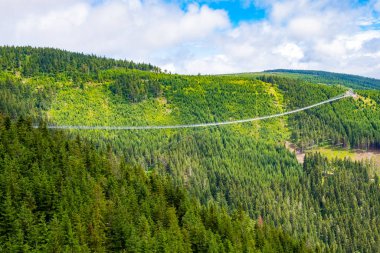 Sky Bridge 721 is the longest suspension bridge between two hills in the forest, Dolni Morava, Czech Republic . One way footbridge in touristic place in the forest in summer. 