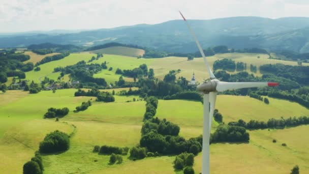 Aerial View Wind Turbines Propeller Yellow Field Amazing View Mountains — Vídeo de Stock