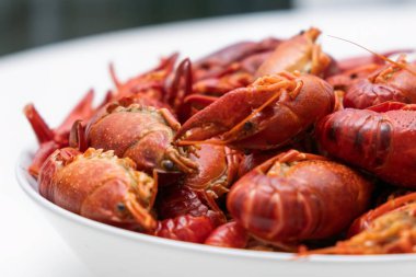 Close up delicious boiled crayfish food on a plate. Healthy and dieting meal