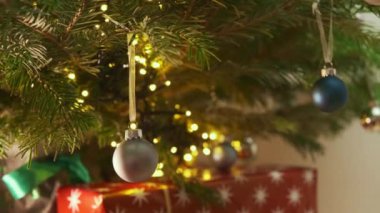 Oyuncak topları Noel ağacının süslü dallarına tutunur. Oyuncakları ve çelengi olan doğal ağaç yeni yılı sembolize eder ve tatil ruhunu gösterir.