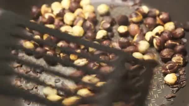 Orang Memanggang Tumpukan Hazelnut Panci Hitam Yang Diaduk Dengan Spatula — Stok Video