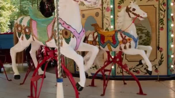 Cavalos Multicoloridos Velho Carrossel Francês Parque Diversões Dia Ensolarado Merry — Vídeo de Stock