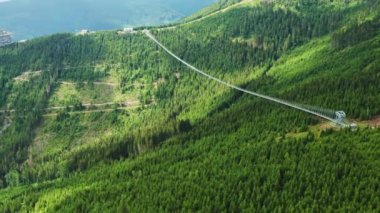 Dolni Morava 'daki yeşil orman dağları arasındaki nehir vadisi üzerindeki Asma Gökyüzü Köprüsü. Tepeler mavi gökyüzünün altında kıvrımlı yollar yaz havası manzarasında