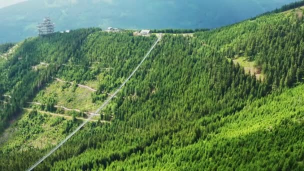 吊り橋はドルニ モラヴァ山脈の高い丘を結んでいる チェコ共和国の空中ビューのスカイウォークタワーにつながる森林に覆われた峡谷への橋 — ストック動画