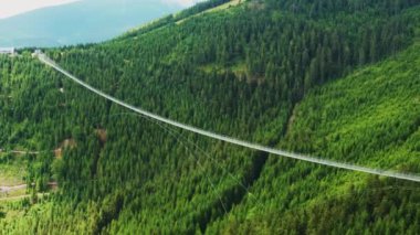 Güneşli yaz gününde nehir vadisinde ağaçlar ve çimlerle kaplı uzun asma köprü. Yol Dolni Morava dağlık hava manzaralı