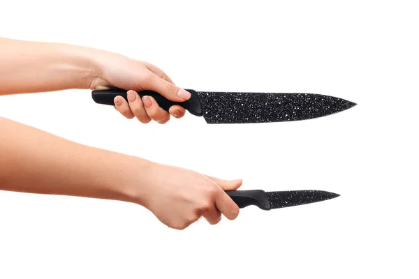 Knives Hands Girl Woman White Isolated Background — Stock Photo, Image