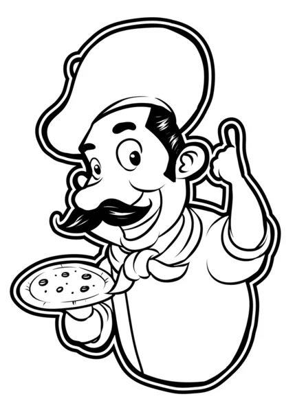 Zwart-wit clipart pizza chef-kok — Stockvector