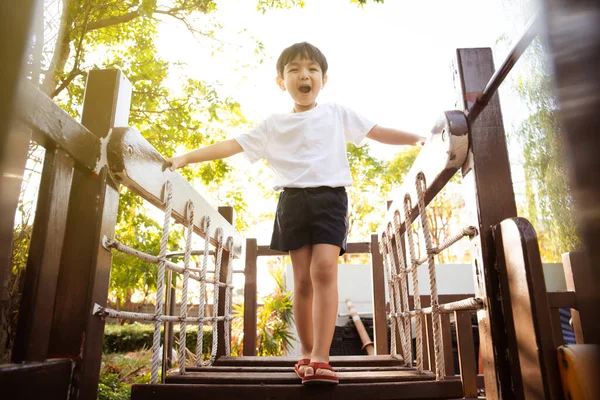 Счастливый Азиатский Мальчик Удовольствием Играет Гуляет Парку Крупным Планом Азиатский — стоковое фото