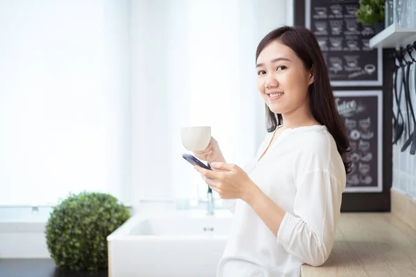 Cheerful Asian Young Woman Reading Online News Article Browsing Internet — Stock Fotó