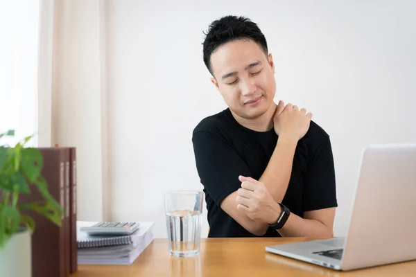 Asian Young Man Black Shirt Having Health Problem Hard Working — Stock Photo, Image
