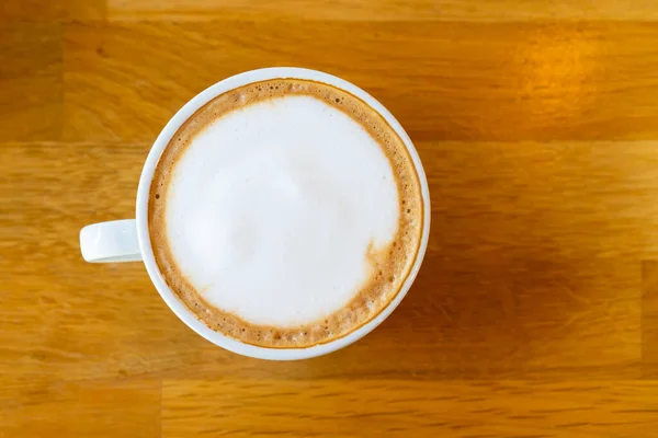 Beautiful Surface Hot Latte Coffee Cup Top View Served Wooden — Stockfoto