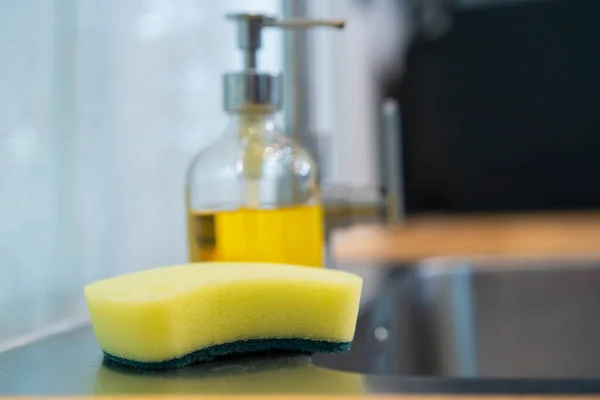 Dirty Dish Washing Sponge Liquid Detergent Bottle Sink Kitchen Close — Stock Photo, Image