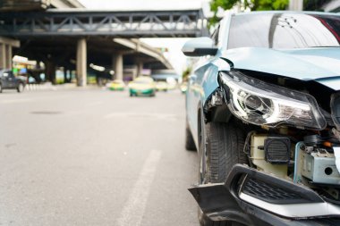 Front of the modern vehicle have a heavy - major damaged. Car crash - accident on the road.