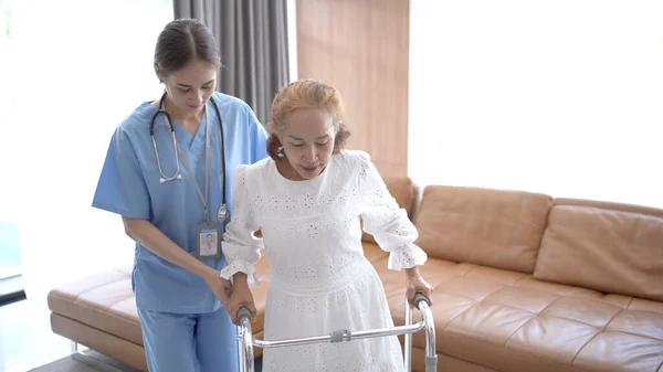 Asian senior adult trying to walking by using walker support. Female doctor help or support a elder Asian woman walking around the area in hospital, elder woman using walker during rehabilitation.