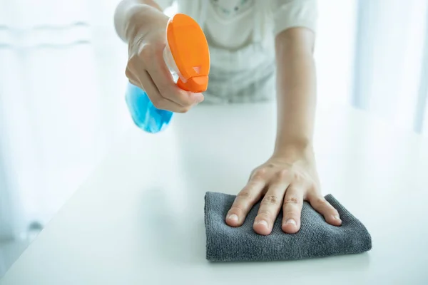 Unrecognizable Asian Housekeeper Using Microfiber Wiping Surface Table Close Copyspace — Stock Photo, Image