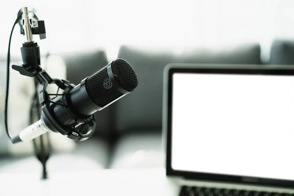 Profesyonel bir mikrofon. Kopyalama alanı olan bir mikrofon tutacağında. Canlı podcast ve canlı yayın konsepti.