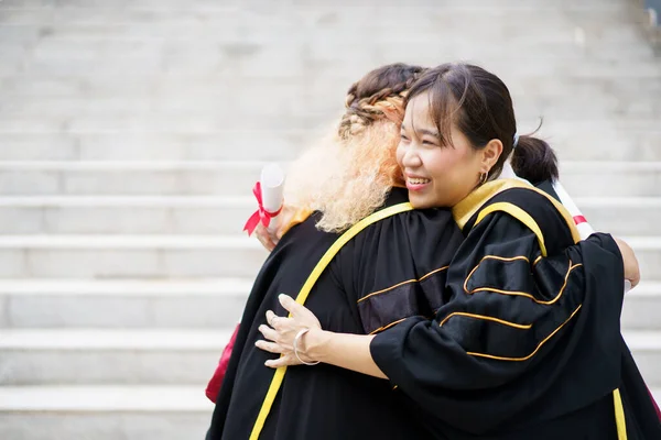 Happy Asian Young Women Master Degree Gown Showing Diploma Hand — Foto Stock