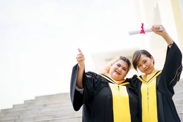 Happy Asian Young Women Master Degree Gown Showing Diploma Hand — Foto Stock