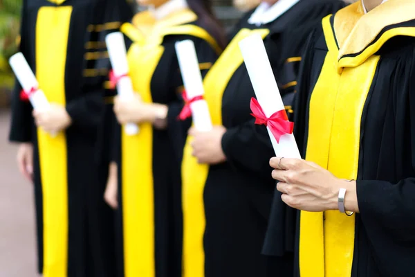 Happy Asian Graduate Student Holding Diplomas Hand University Graduation Ceremony — 스톡 사진