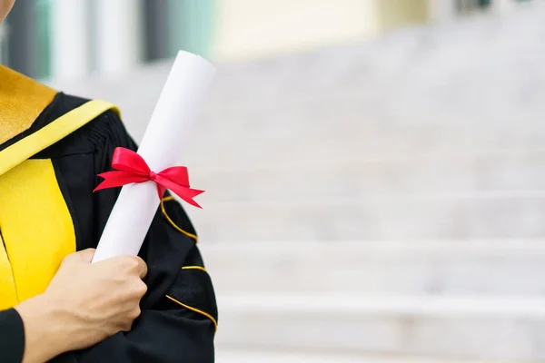 Happy Asian Graduate Student Holding Diplomas Hand University Graduation Ceremony — Foto Stock