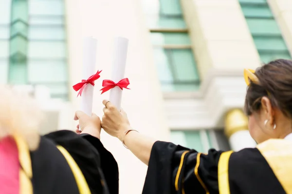 Happy Asian Graduate Student Holding Diplomas Hand University Graduation Ceremony — Foto Stock