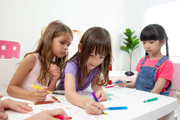 Happy Caucasian Asian Young Elementary School Age Enjoy Learning Playing — Stock Photo, Image