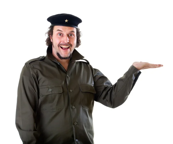 Guerilla marketing guy holding an imaginary product — Stock Photo, Image