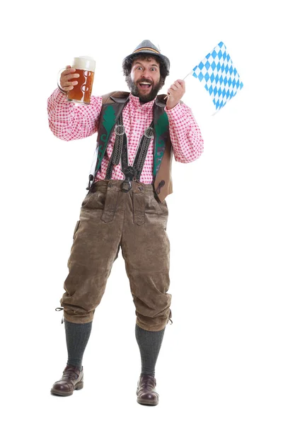 Bearded guy with beer and bavarian flag — Stock Photo, Image