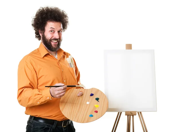 Eccentric painter in orange shirt — Stock Photo, Image