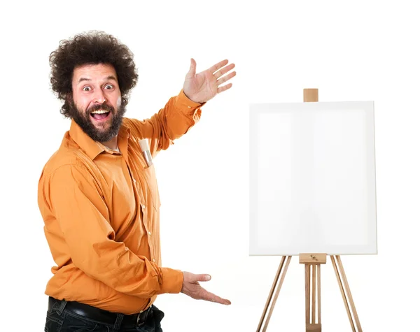 Eccentric painter presenting his new imaginary painting — Stock Photo, Image