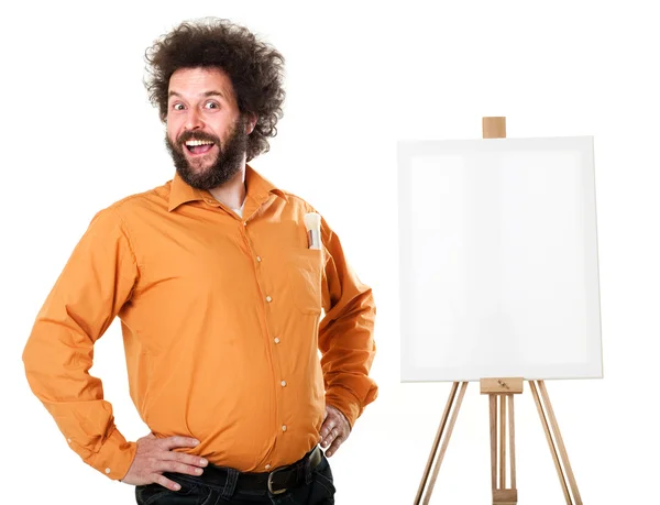 Weird painter in orange shirt — Stock Photo, Image