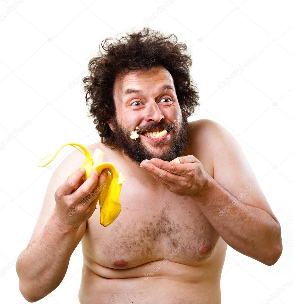 Caveman happy about having a banana to eat