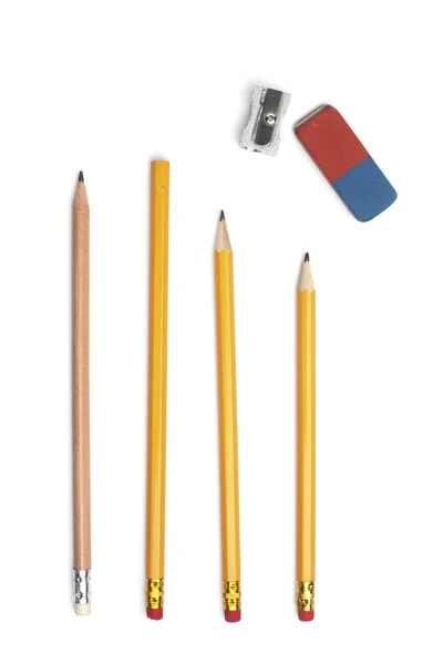 Pencil, eraser rubber, sharpener — Stock Photo, Image