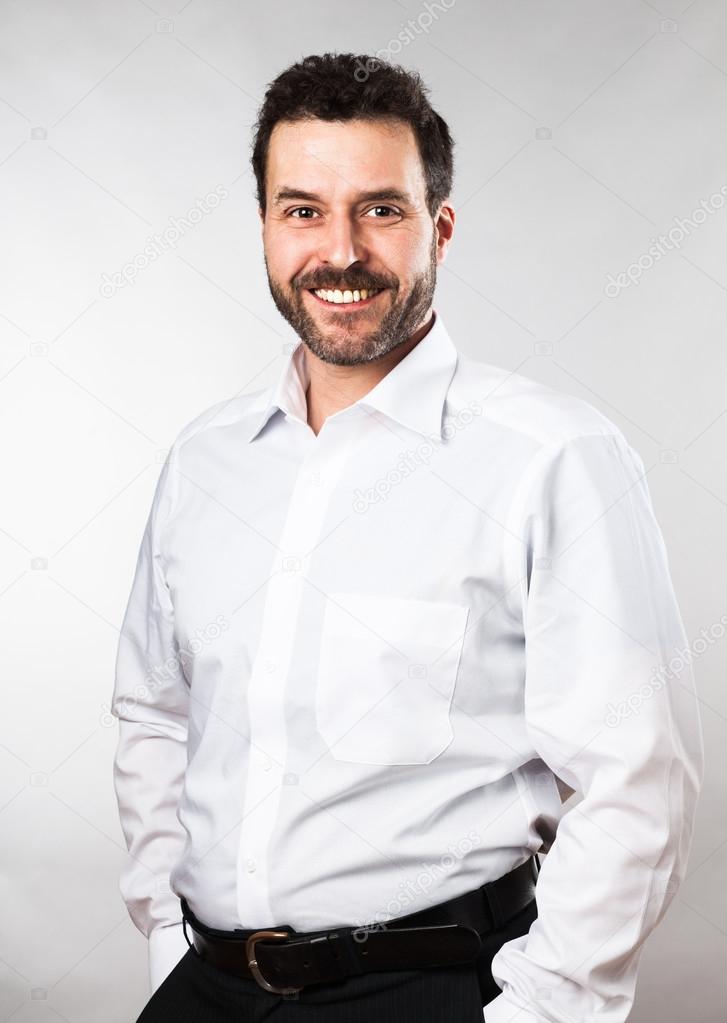 Waist up portrait of a mature adult Caucasian man