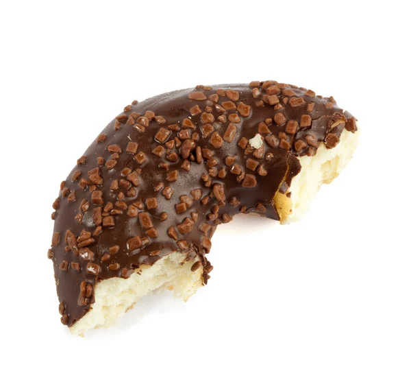 Half eaten brown chocolate donut — Stock Photo, Image