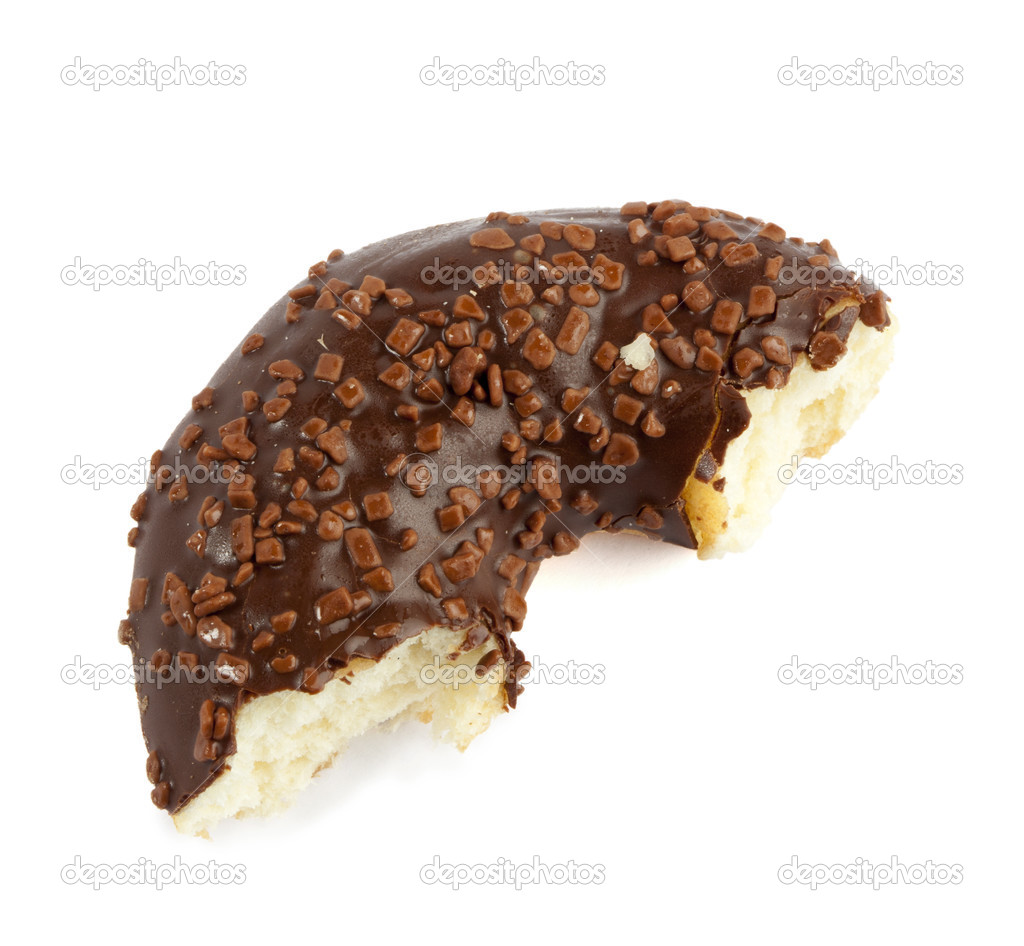 Half eaten brown chocolate donut