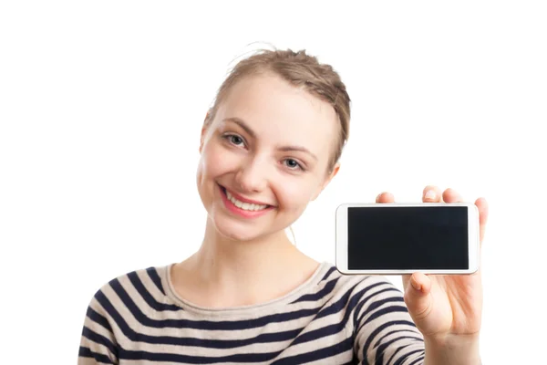 若いブロンドの女性示す空白の電話画面 — ストック写真