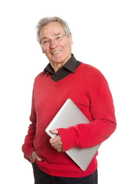 Senior Man with Laptop - on White Background Stock Picture