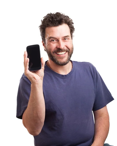 Bearded European man showing smart phone — Stock Photo, Image