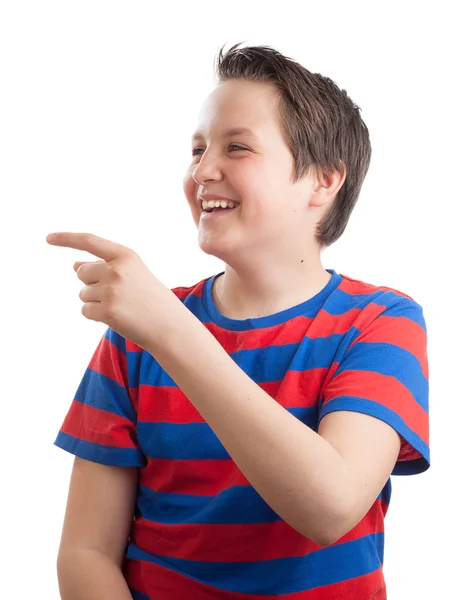 Teenage boy (Causian) waist up portrait, pointing sideways — Stock Photo, Image