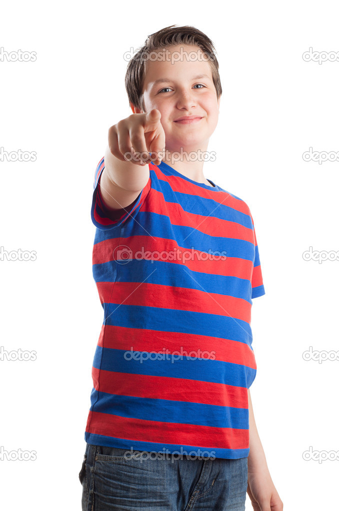Teenage boy (Causian), pointing at camera